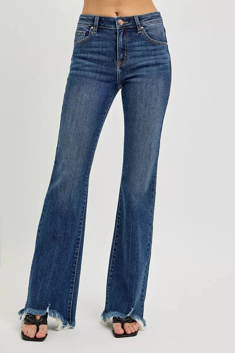 RISEN Full Size Mid Rise Flare Frayed Hem Jeans Plus Size