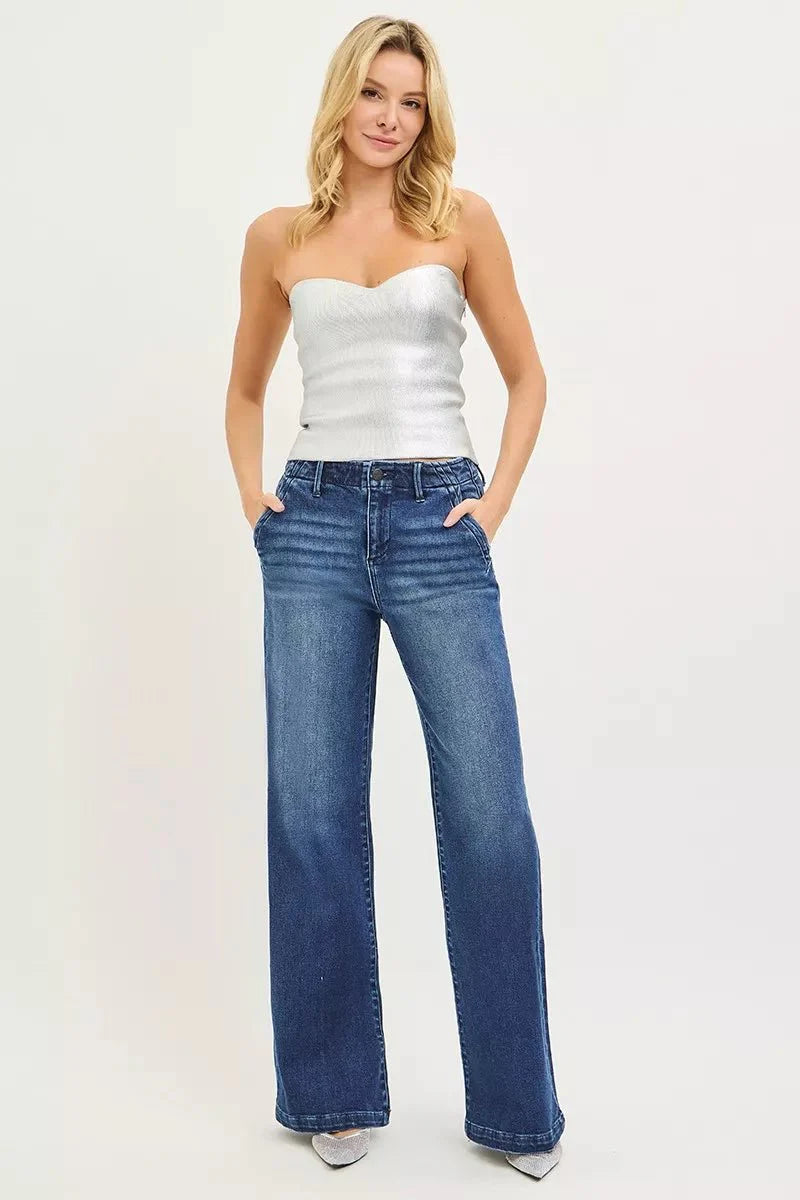 RISEN High Rise Wide Leg Slanted Pocket Jeans