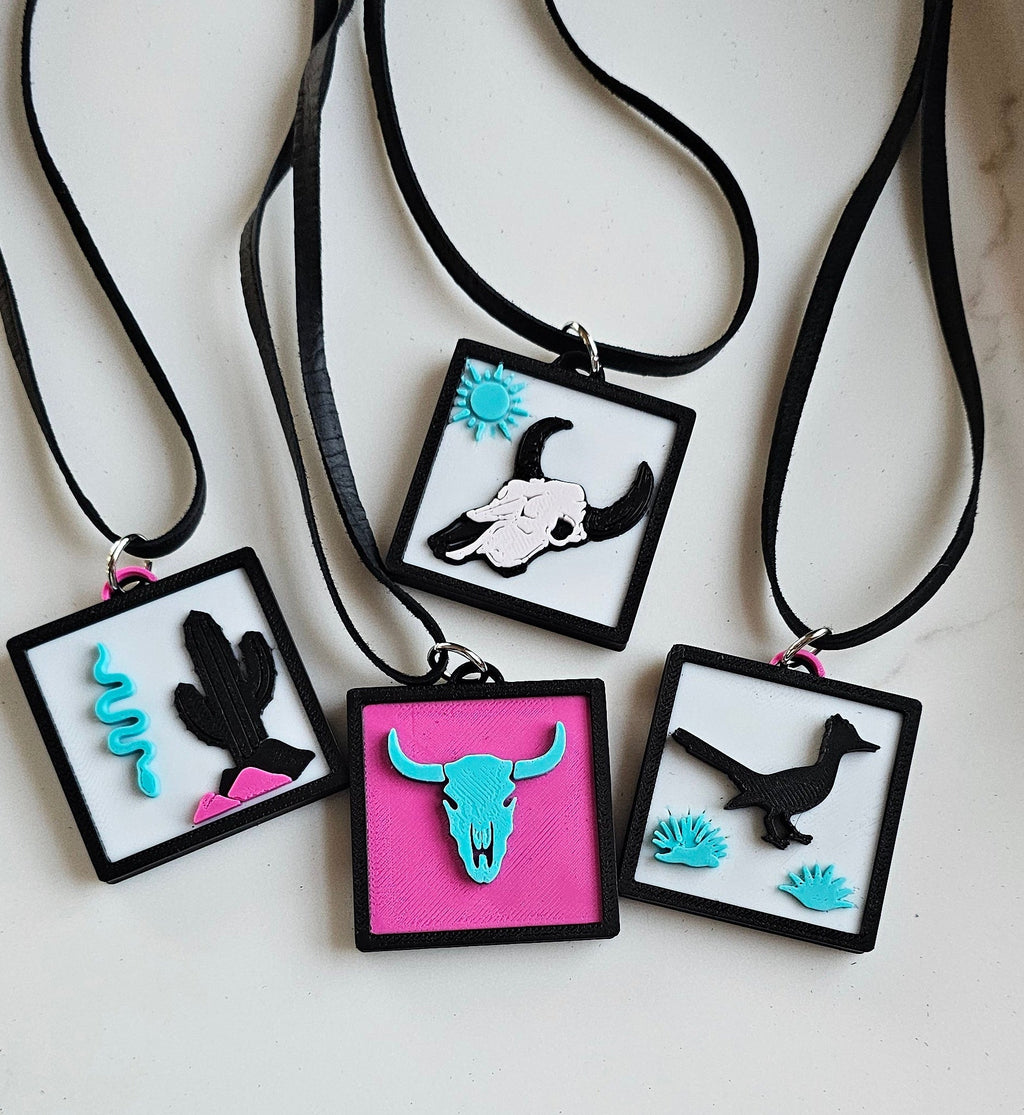 3D Print Picture Necklace on Deerskin Leather Western Bull Skull Desert Cactus Made in America