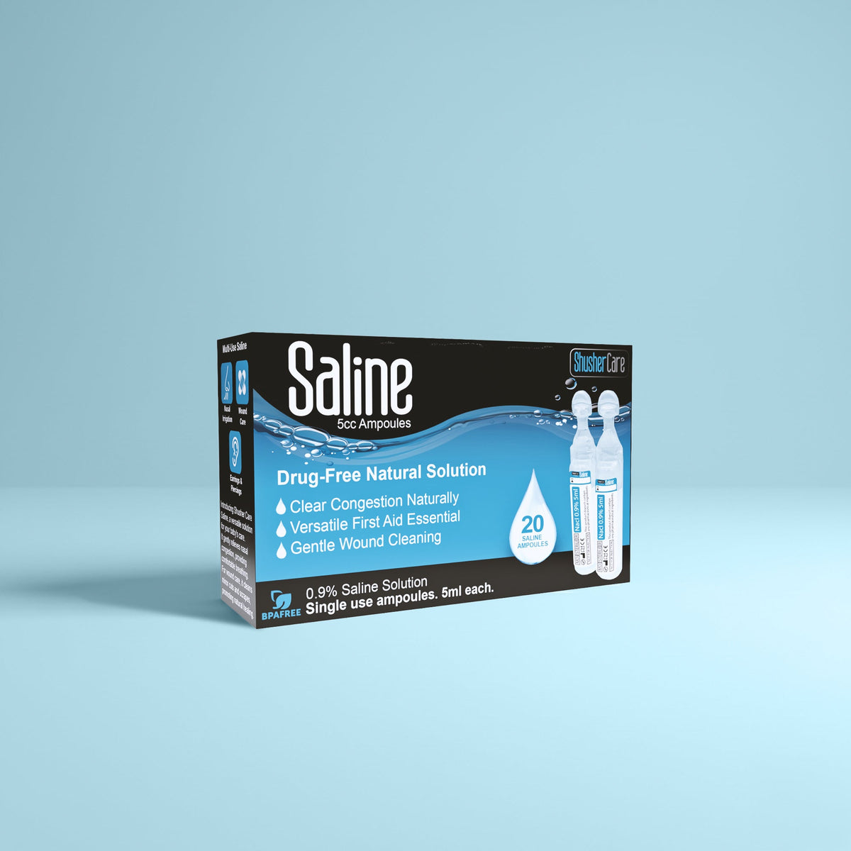 Shusher Care Saline Ampoules – Sterile Single-Use Saline Solution for Nasal, Wound & Piercing Care - 20 Count