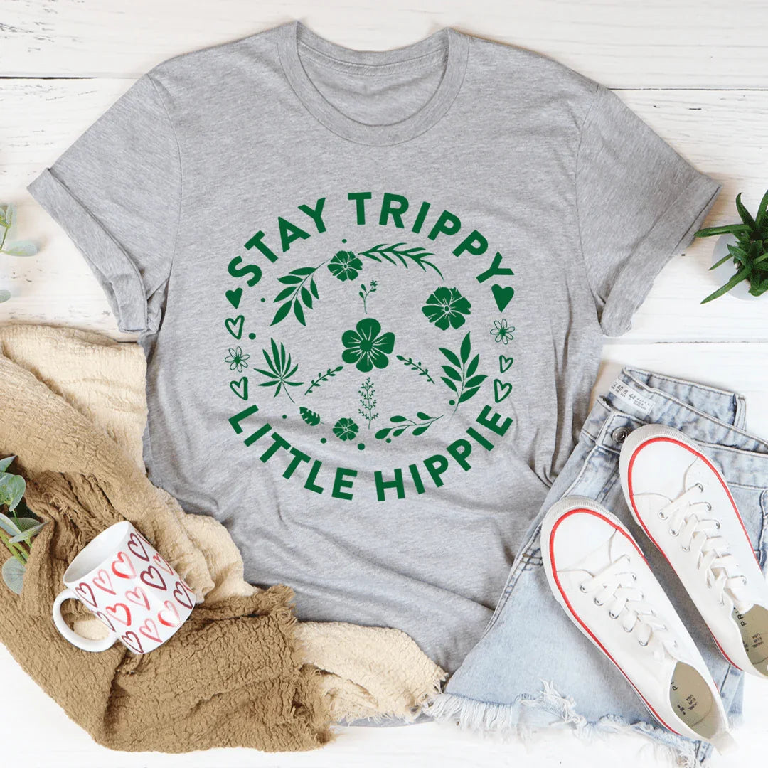 Stay Trippy Little Hippie Floral Peace Sign Tee