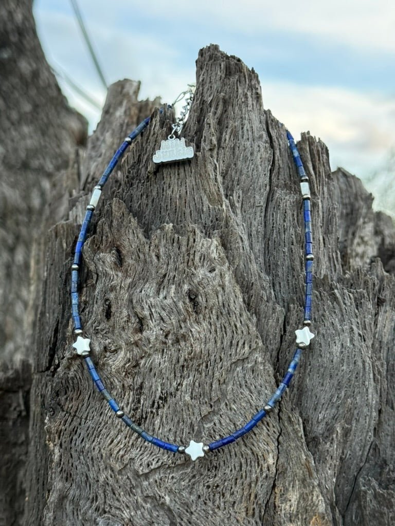 Sterling Silver Lapis Pearl Star Beaded Necklace