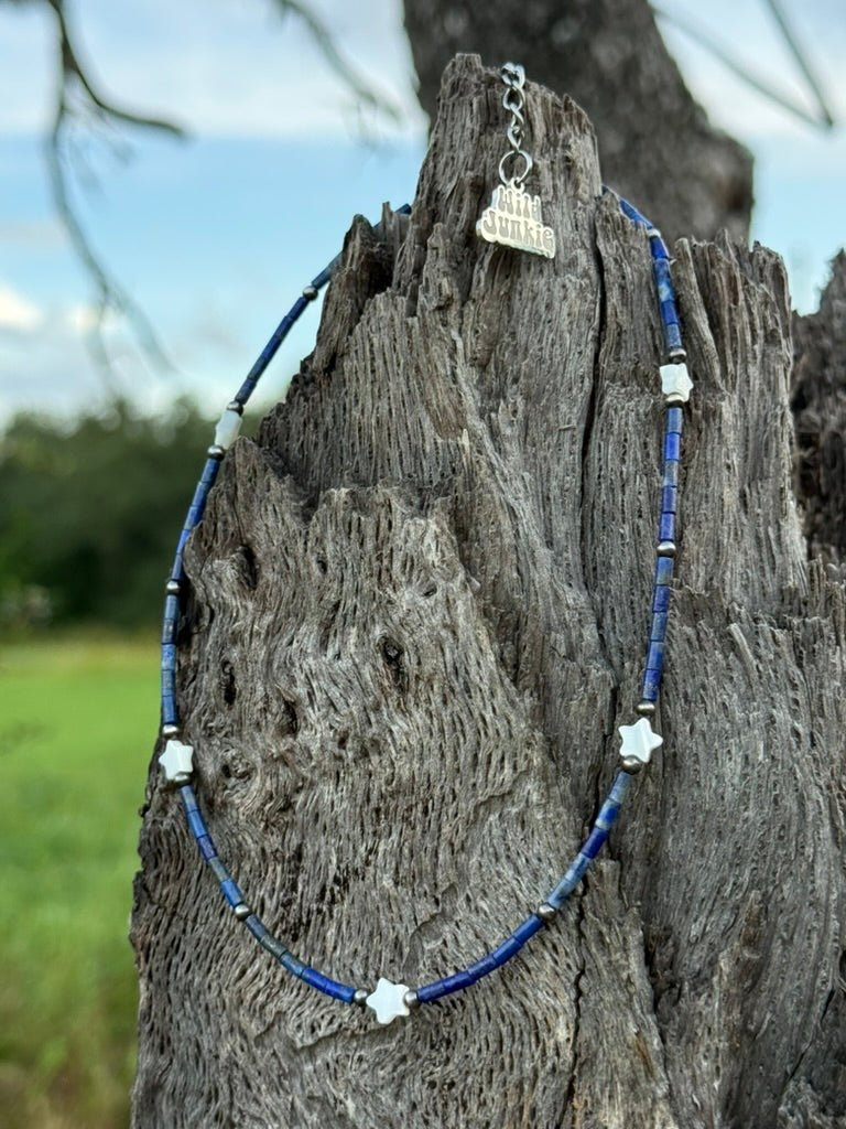 Sterling Silver Lapis Pearl Star Beaded Necklace