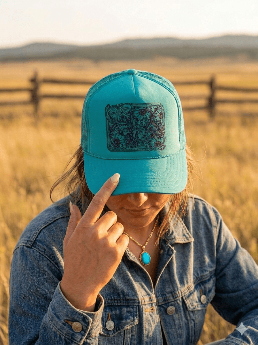 Sunflower Tooled Leather Trucker Hat