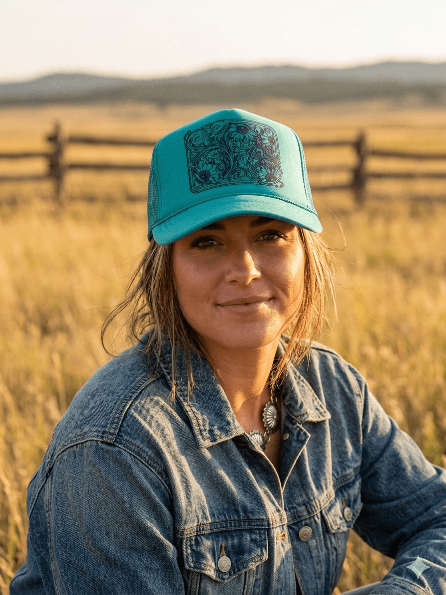 Sunflower Tooled Leather Trucker Hat