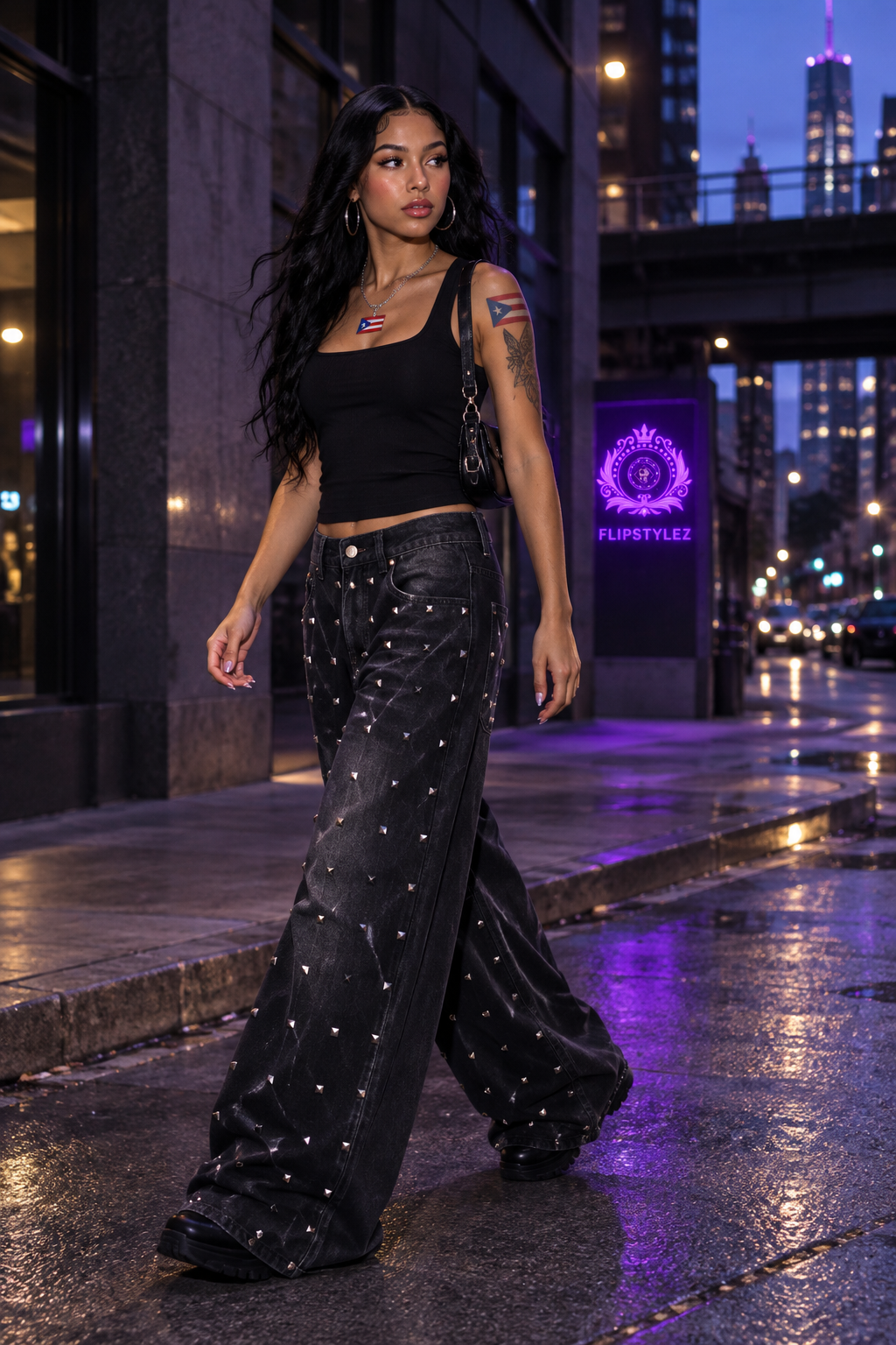 Black Rivet Baggy Denim Jeans | Heavy Duty Wide Leg Streetwear | Women's High-Waist Retro Trousers