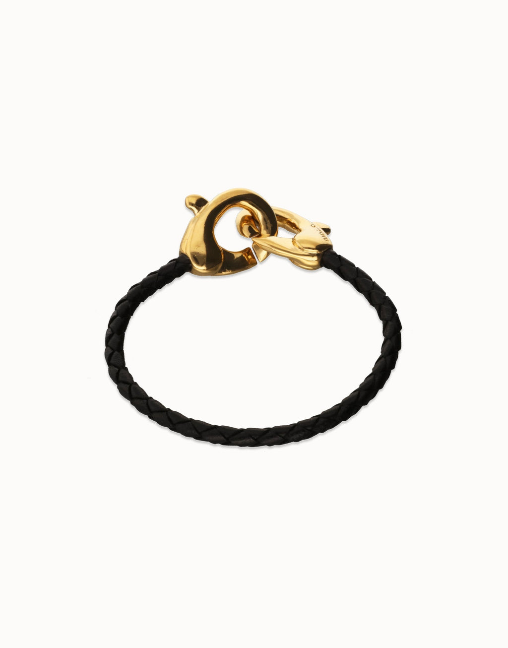 Uno De 50 Black leather bracelet with interlocking carabiner Gold