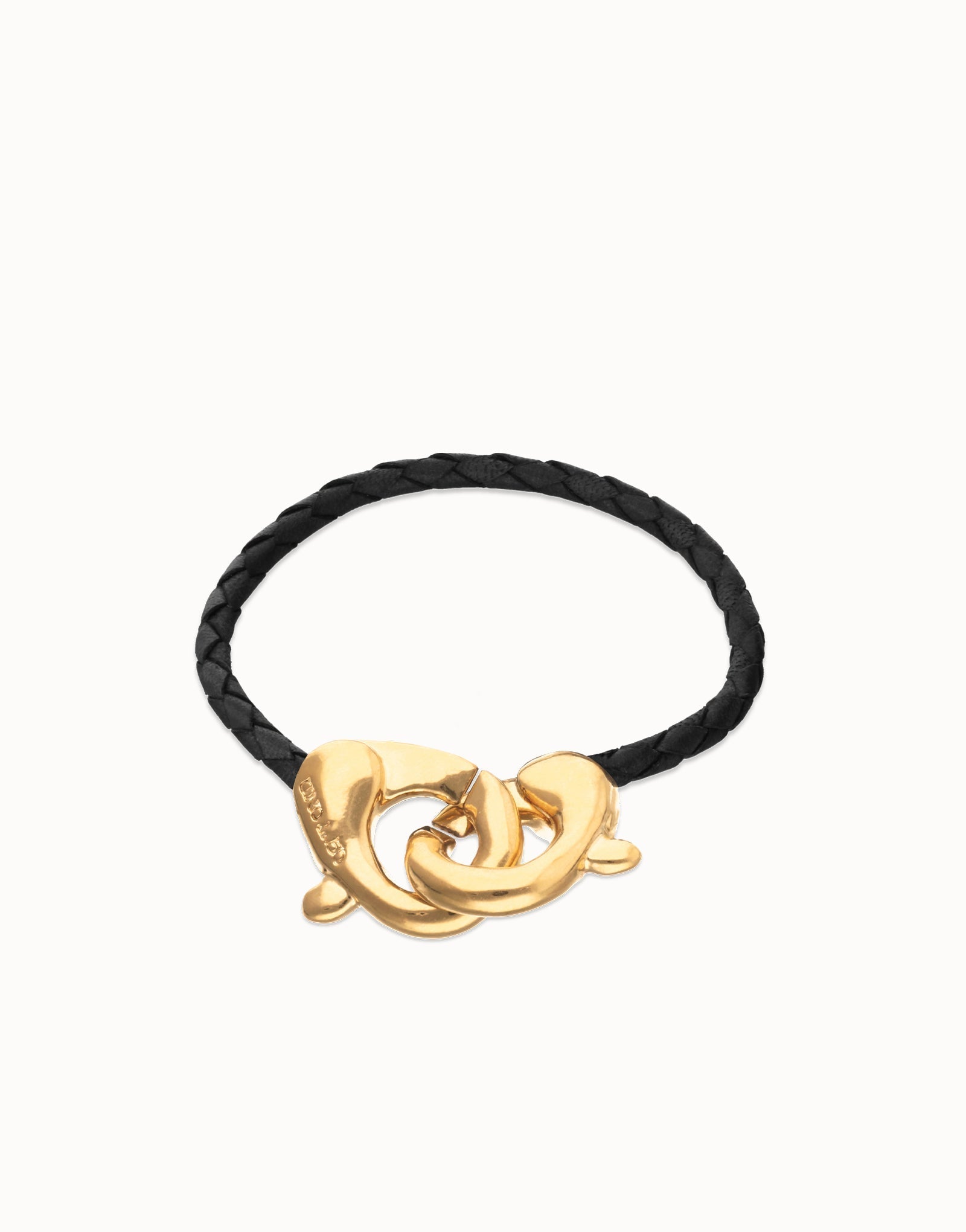 Uno De 50 Black leather bracelet with interlocking carabiner Gold