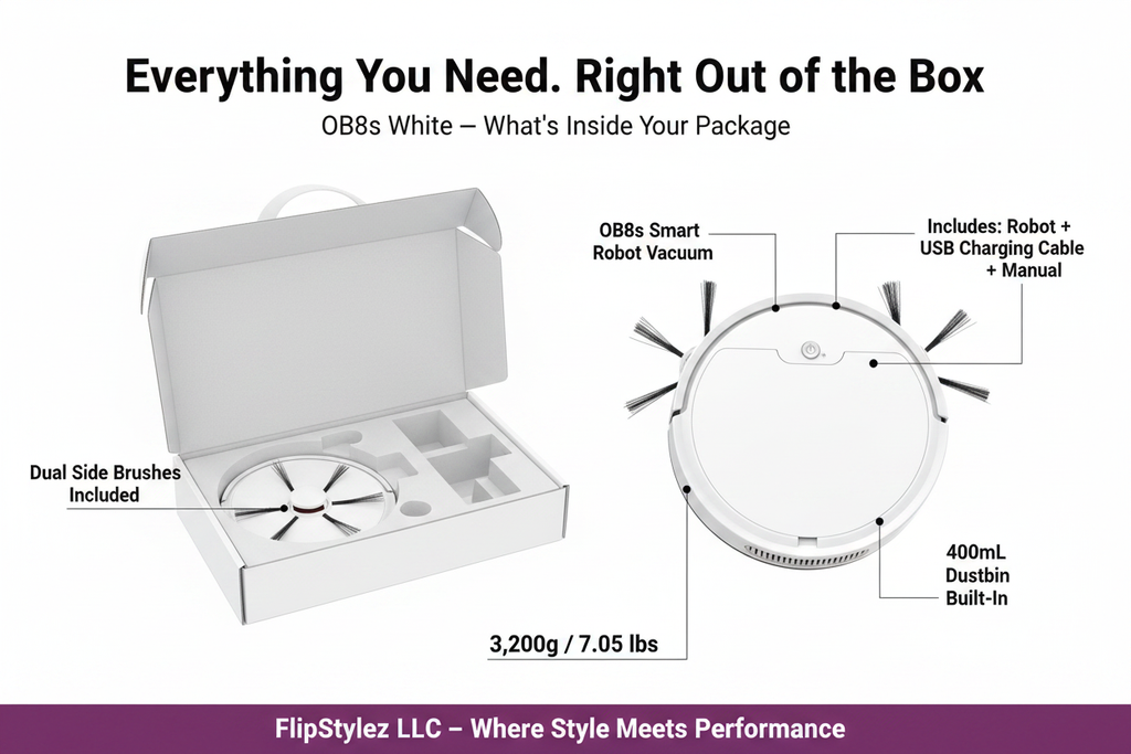 🤖✨Oubao™ OB8s Smart Robot Vacuum Cleaner – 3-in-1 Sweep, Vacuum & Mop | One-Touch Operation | USB Charging | Black & White | 150+ sq m Coverage