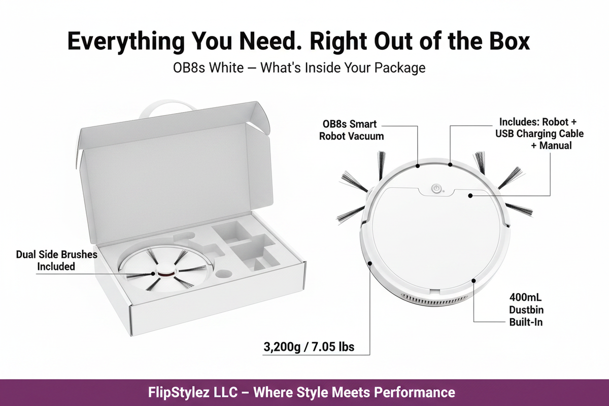 🤖✨Oubao™ OB8s Smart Robot Vacuum Cleaner – 3-in-1 Sweep, Vacuum & Mop | One-Touch Operation | USB Charging | Black & White | 150+ sq m Coverage