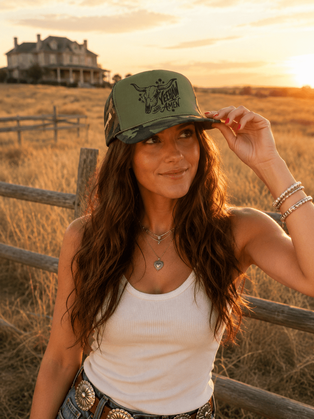 Yeehaw and Amen Longhorn Camo Trucker Hat