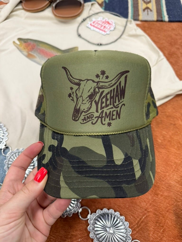Yeehaw and Amen Longhorn Camo Trucker Hat