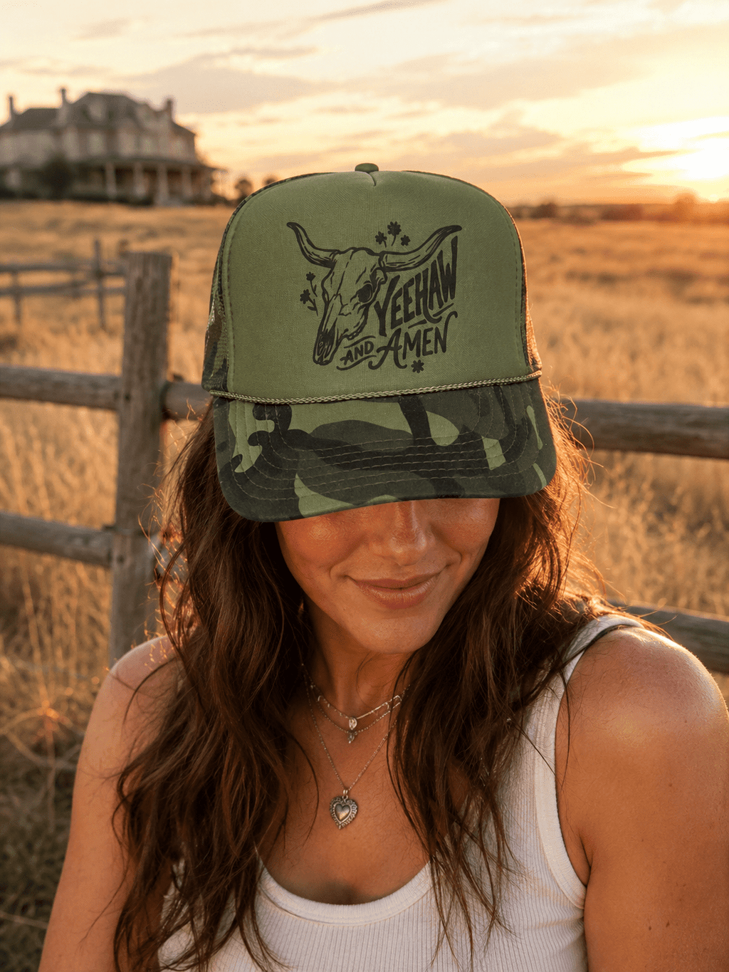 Yeehaw and Amen Longhorn Camo Trucker Hat