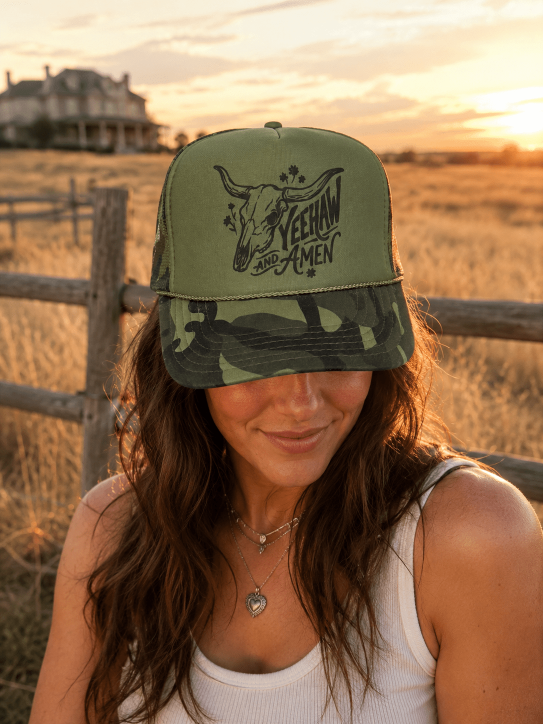 Yeehaw and Amen Longhorn Camo Trucker Hat