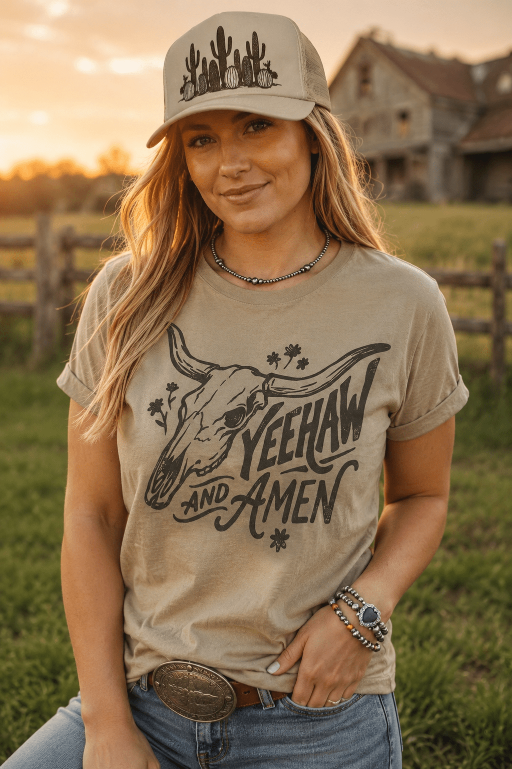 Yeehaw and Amen Longhorn Graphic Tee