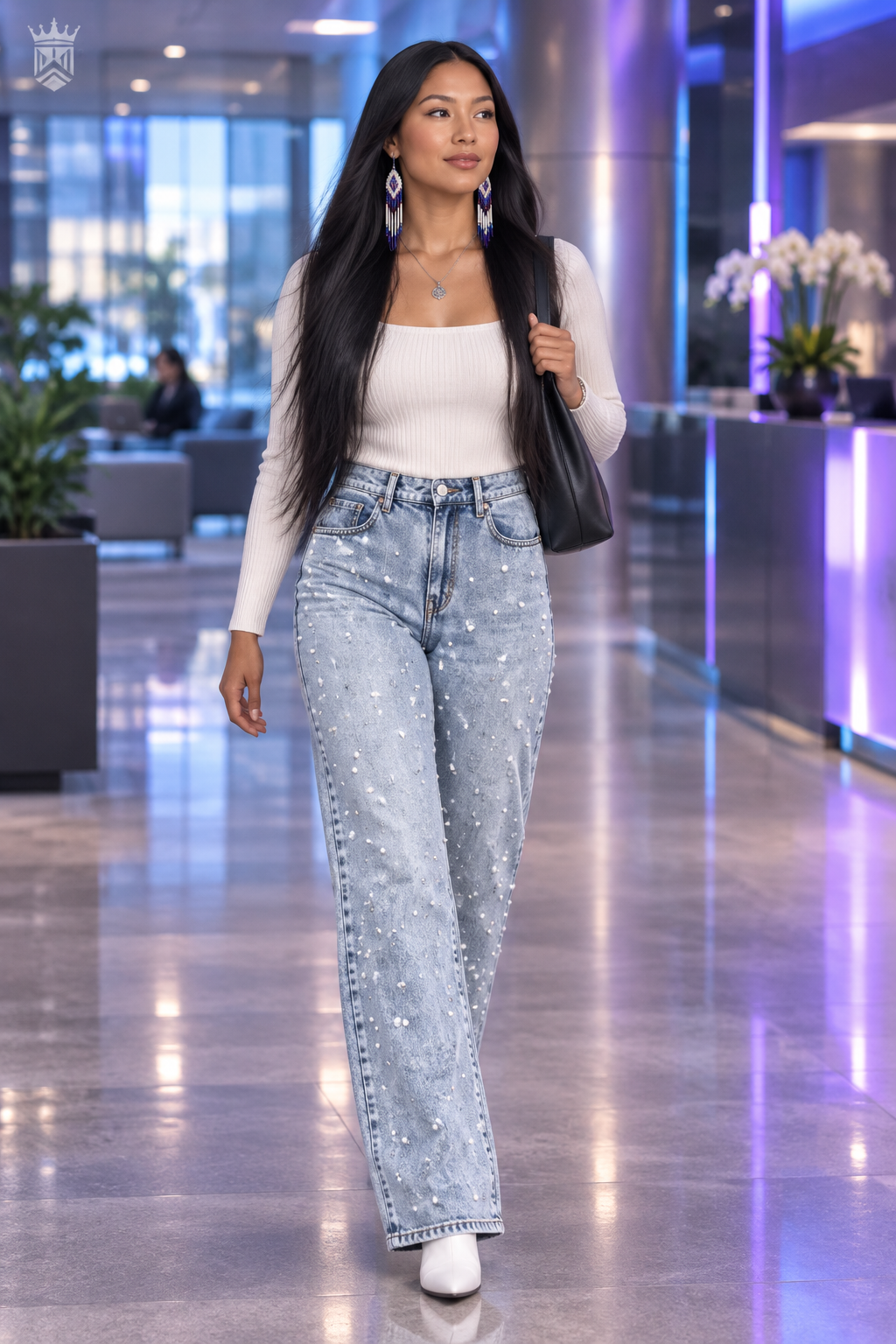 Beaded High-Waist Straight Jeans | Elegant Splice Denim | Women's Casual Streetwear Pants