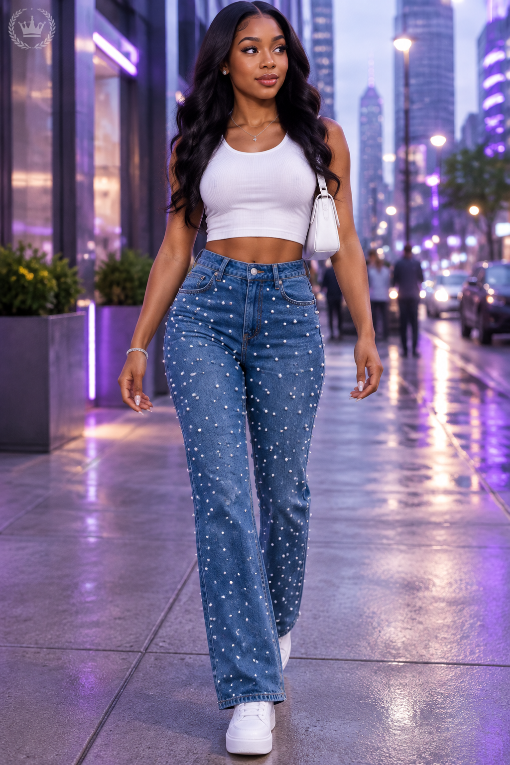 Beaded High-Waist Straight Jeans | Elegant Splice Denim | Women's Casual Streetwear Pants